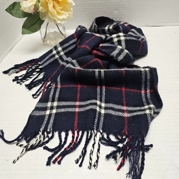 Vintage Burberry Mens Scarf 100% Cashmere Fringes Blue Cream Red Green Plaid - Picture 1 of 12